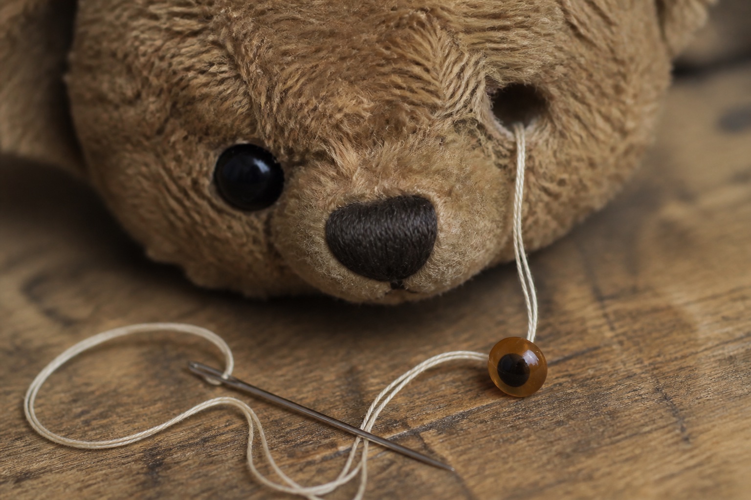 Kopf eines braunen Teddybären mit einem losen bernsteinfarbenen Glasauge, daneben eine lange Puppennadel und Garn