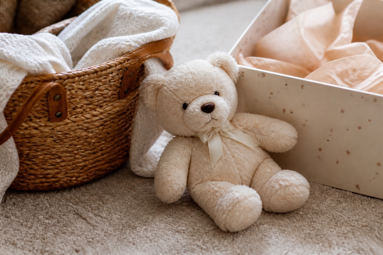 Kleiner heller Teddybär liegt neben einem Weidenkorb und einem geöffneten Geschenkkarton mit Seidenpapier