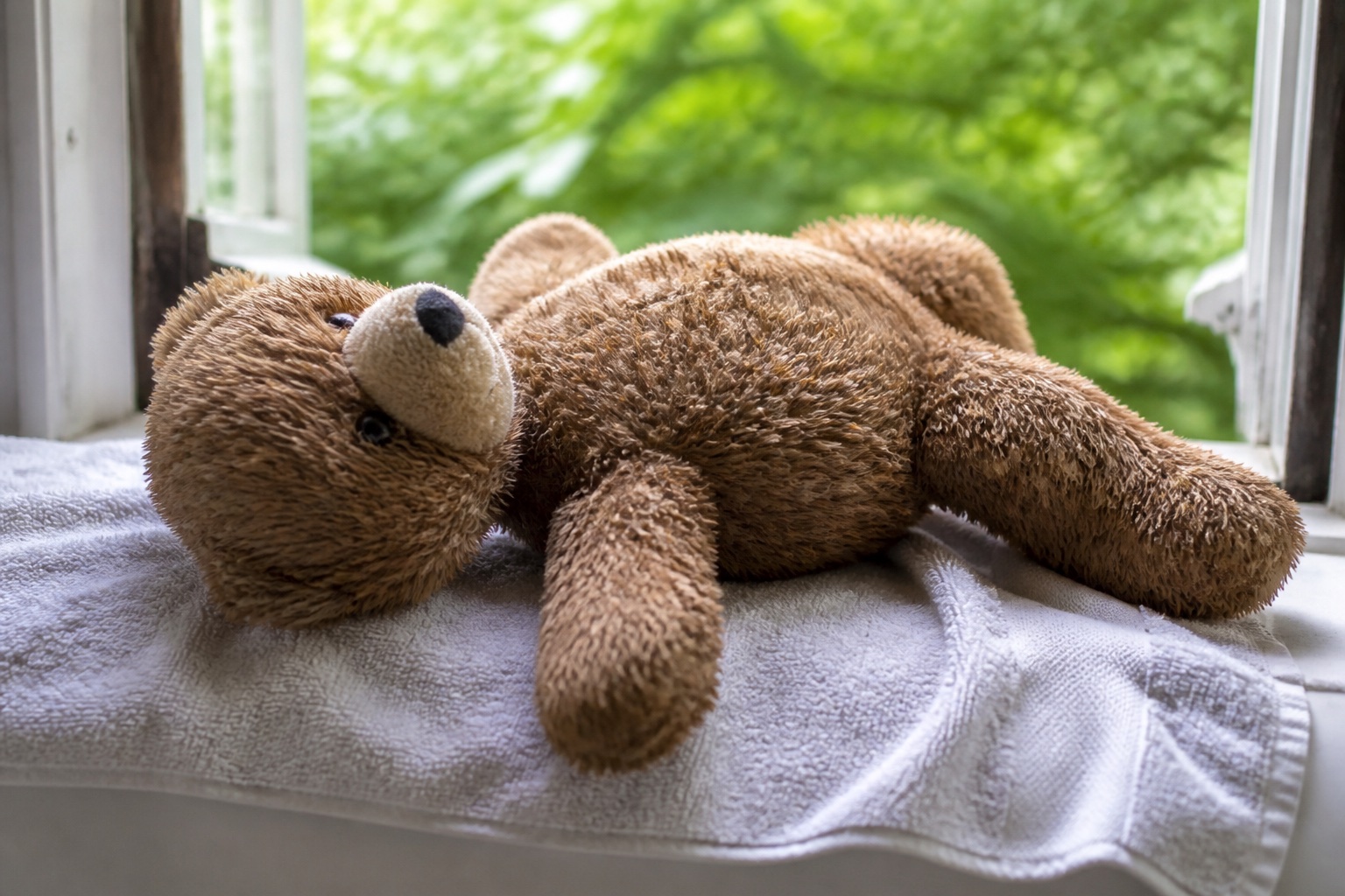 Feuchter Teddybär liegt zum Trocknen auf einem Handtuch vor einem geöffneten Fenster