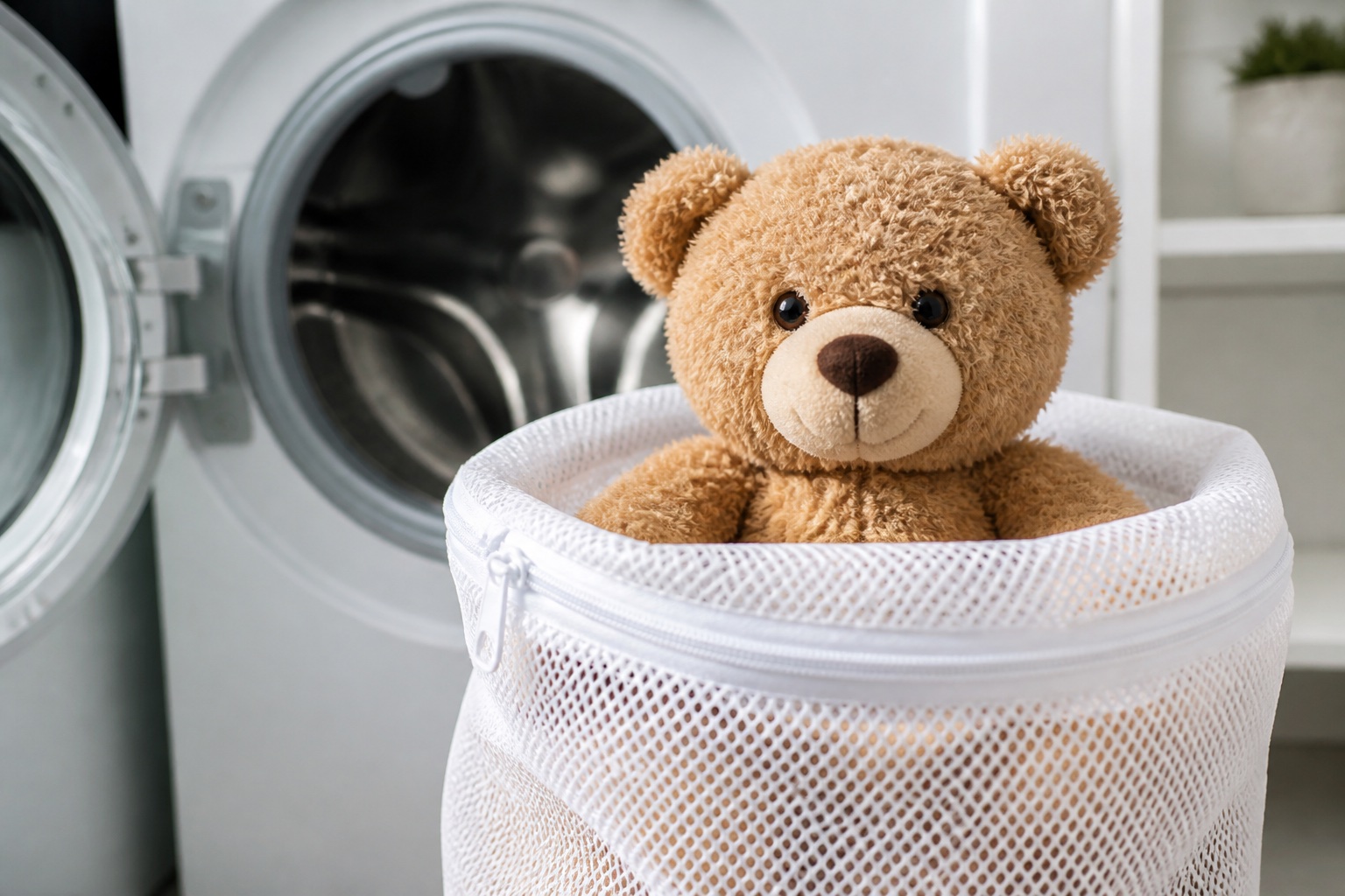 Hellbrauner Teddybär liegt in einem weißen Wäschenetz vor der geöffneten Trommel einer Waschmaschine
