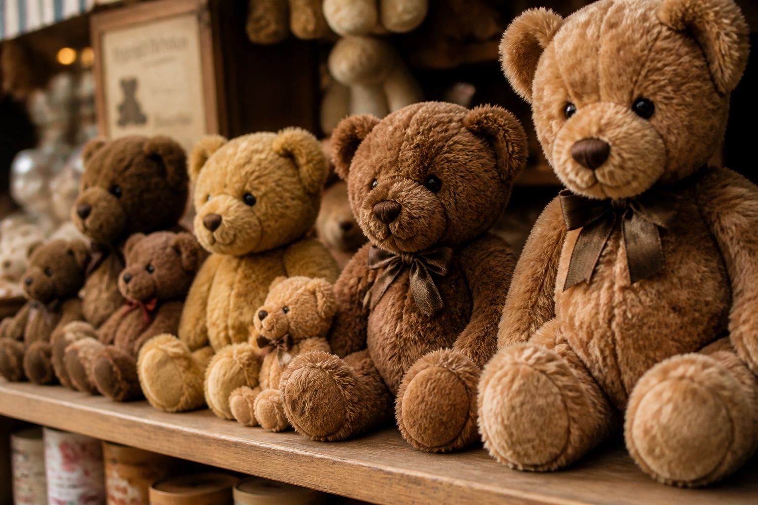 Mehrere Teddybären in verschiedenen Brauntönen und Größen nebeneinander auf einem Holzregal
